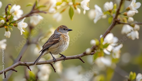 Spring Awakening: Small Bird on Blooming Tree Branch with White Flowers — Symbol of Nature’s Harmony