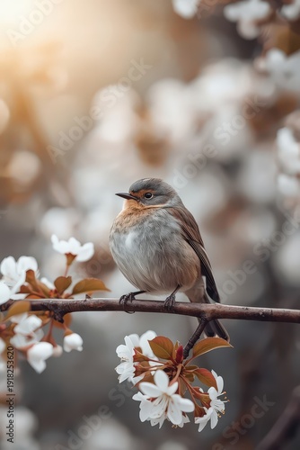 Spring Awakening: Small Bird on Blooming Tree Branch with White Flowers — Symbol of Nature’s Harmony