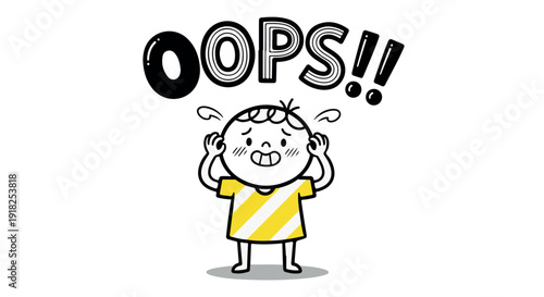 A cartoon boy in a yellow and white striped shirt making a funny face and holding his hands up in surprise with the word OOPS!! above him.