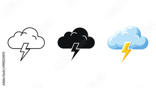Set of three icons representing a thunderstorm outline, solid black silhouette and colored cartoon style with lightning bolt