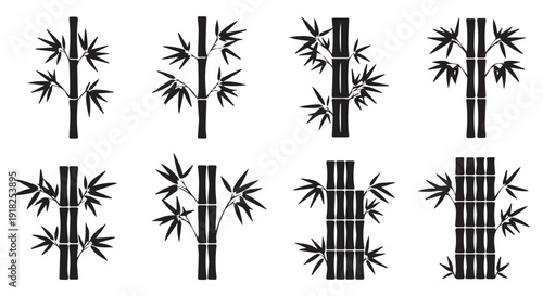 Collection of black bamboo silhouettes on Transparent Background, various designs and arrangements.