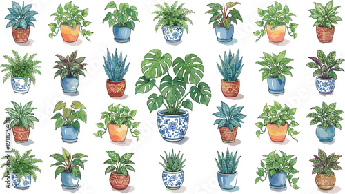 Hand drawn vector illustration collection of various indoor houseplants in decorative ceramic pots featuring monstera deliciosa snake plants ferns and pothos on white background
