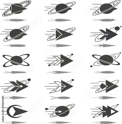 "Black and White Vector Icon Set of Space Planets, Arrows, Comets and Rings – Motion and Direction Symbols"
