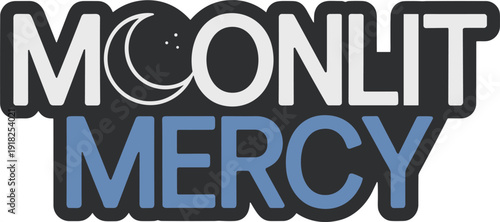 Moonlit mercy text logo with crescent moon and starry night details