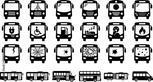 public transit vehicles school buses electric transport wheelchair accessibility broken windshields fire damage and various bus types for transportation design