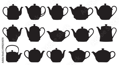 Collection of diverse teapot silhouettes in various shapes and designs on a Transparent Background.