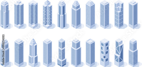 Isometric collection of modern skyscraper buildings and office towers in blue color palette, architectural city landscape elements for real estate business and urban development.