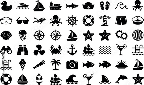 Large collection of black nautical icons and beach vector illustrations featuring sea animals ships lighthouse anchors shells and summer vacation symbols for maritime design.
