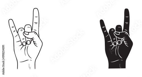 Two hands making the rock on sign with index and pinky finger up, one in black and one in white on a plain background.