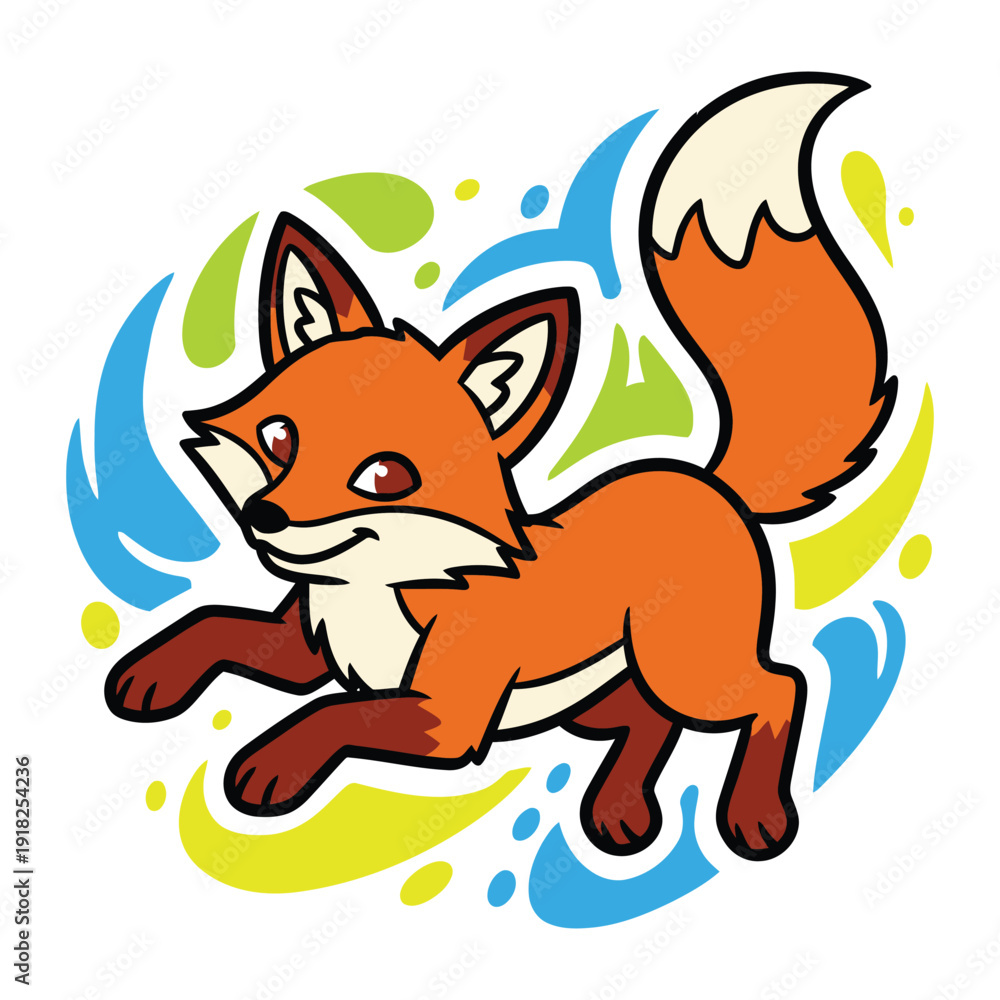 Obraz premium Cartoon Fox Illustration – Playful Orange Animal Art with Whimsical Swirls