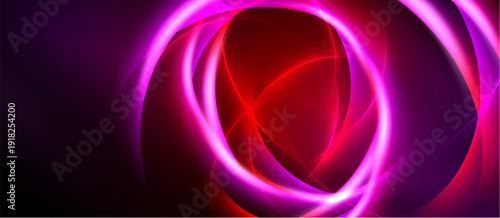 Abstract neon circles, vibrant red center, purple gradients. Dynamic energy radiates from glowing shapes, creating modern visual impact.