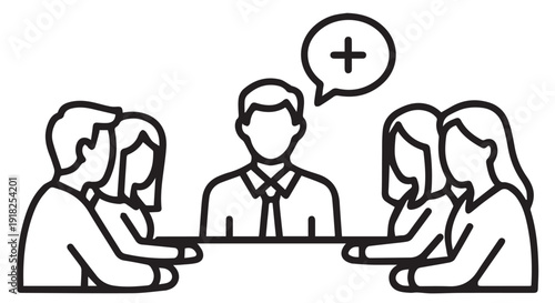 Simple black line illustration of a business meeting with three people discussing and a speech bubble with a plus sign.
