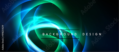 Abstract design features swirling blue, green light. Dynamic curves create flowing energy, modern aesthetic. Text reads background design.