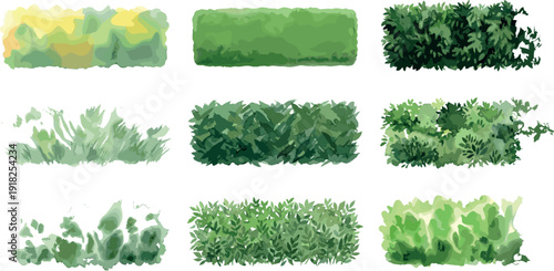 Watercolor Style Vector Illustration Set of Green Garden Hedges, Shrubbery Borders, Lush Decorative Bushes, and Natural Foliage Elements for Landscape Design and Outdoor Architecture.