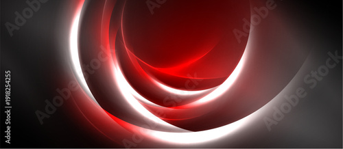Abstract design features layered red, white curves against dark background. Smooth gradients create dynamic visual effect.