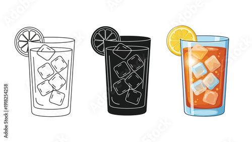 Set of three iced tea glasses with lemon slices outline, silhouette and full color illustration