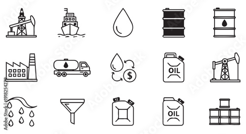 Collection of simple black line icons representing various aspects of the oil industry, including extraction, transportation, and storage.