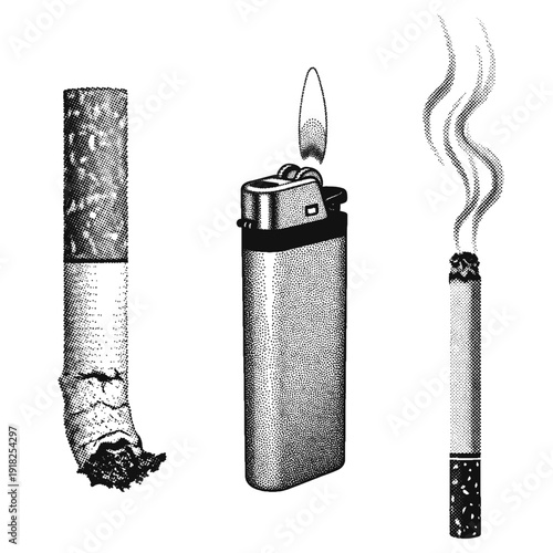 cigarette butt, lit lighter and cigarette in retro halftone stipple effect style