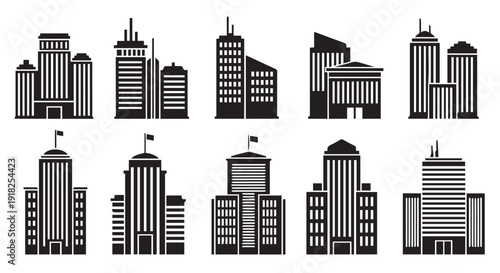 Collection of black silhouettes of various city buildings and skyscrapers on a Transparent Background, ideal for urban design concepts.