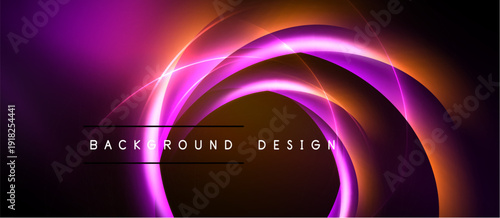 Abstract neon circles overlap dark background. Vibrant pink, orange hues create dynamic visual effect. Text reads background design.