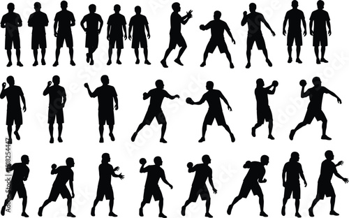 Collection of basketball player silhouettes, isolated on white background, showing dribbling, passing, shooting, defending and action poses for sports design