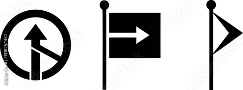 Navigation black icon set with arrow flag and directional circle silhouette vectors on transparent background