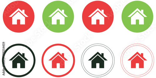Home icon vector collection for apps and websites, featuring house and main page symbols in circle, multiple styles including filled, outline, thin line, and stroke