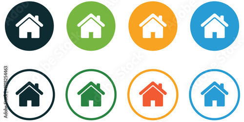 Web home icon for apps and websites, house icon and main page symbol in circle, including filled, thin line, outline, and stroke styles, perfect for UI design