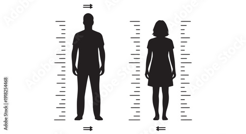 Silhouette of a man and woman standing back to back with height measurement markings, symbolizing equality and comparison.