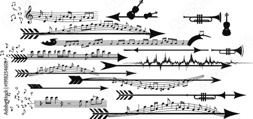 Vector illustration of silhouettes of a girl horse and man with musical elements