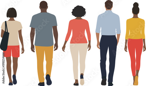 Diverse people walking away set, rear view men and women characters, casual lifestyle crowd illustration isolated on background
