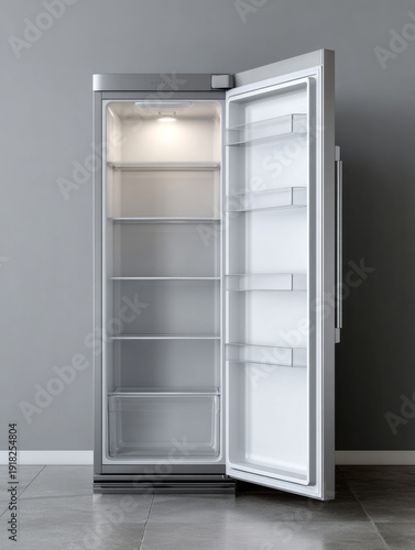 Modern stainless steel refrigerator with open door in kitchen interior