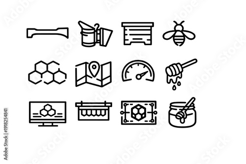 Beekeeping and honey production line icon set featuring bee hive smoker honeycomb dipper jar and apiary equipment