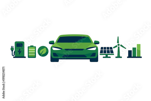 Green electric vehicle with renewable energy icons including solar panels wind turbines and charging station for sustainable transport