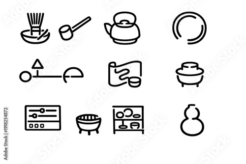 Traditional Japanese tea ceremony equipment icons including matcha whisk teapot ladle and ceramic bowls