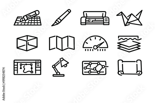 Creative design and printing process icons set featuring tools like utility knife pen printer origami cube layers and desk lamp