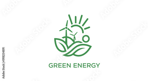 Green Energy Logo with Renewable Energy Symbols and Leaves.