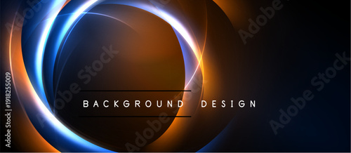 Abstract neon circles overlap dark background. Bright orange, blue hues create dynamic visual effect. Text reads background design.