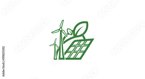 Green Energy Wind Turbines and Solar Panel with Leaf Logo, Isolated White Background
