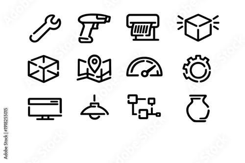 Set of minimalist black line icons for logistics manufacturing and technology including wrench scanner printer box map gear and monitor
