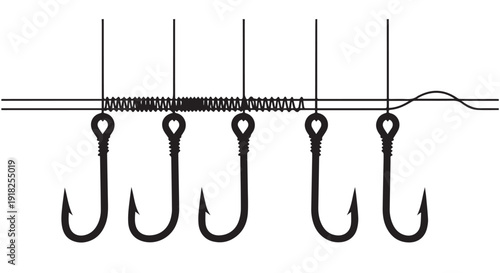 Detailed illustration of a fishing rig with five hooks on a Transparent Background, perfect for fishing guides and tutorials.