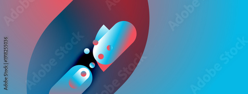 Abstract shapes blend vibrant colors. Red, blue gradients create dynamic composition. Circular elements suggest movement, connection. Modern design.