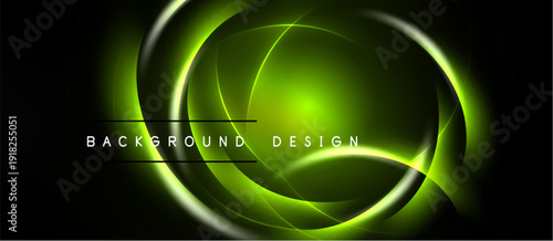 Abstract neon lines form circular shapes. Dark background emphasizes bright green glow, creating dynamic visual effect. Modern design element.
