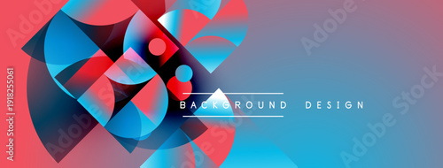 Abstract geometric shapes blend vibrant red, blue, purple hues. Modern design features overlapping circles, squares, dynamic composition.