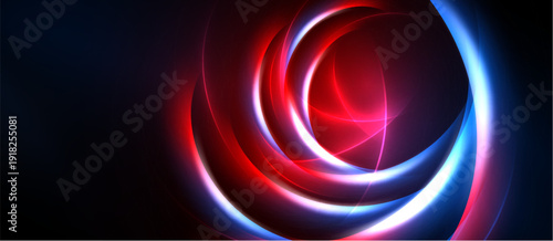 Abstract swirls, vibrant red, blue hues dominate dark background. Dynamic energy radiates from central focal point. Smooth gradients create depth.