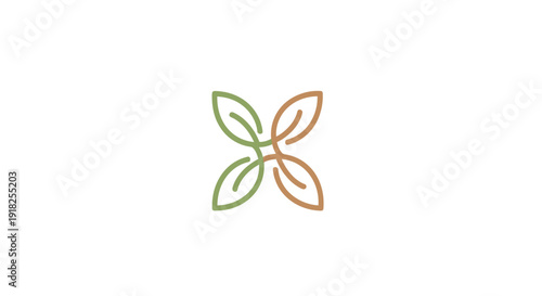 Symmetrical Green and Brown Interconnected Leaf Pattern Logo, isolated white background