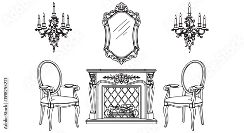 Elegant black and white illustration of ornate fireplace, mirror, chairs, and candelabras in a luxurious interior design setting.