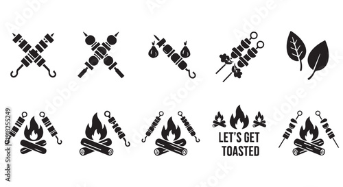 Collection of black icons depicting barbecue skewers, campfires, and toasting elements for grilling and outdoor cooking