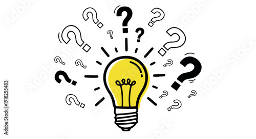 Bright idea with question marks surrounding a glowing light bulb, symbolizing creativity and inquiry in a simple illustration.