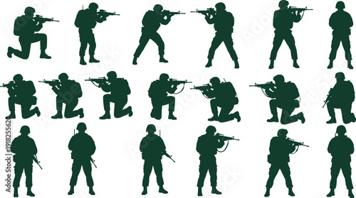 Soldier silhouettes collection, military combat poses, armed forces operators set, tactical weapon stances, army illustration, isolated vector design pack